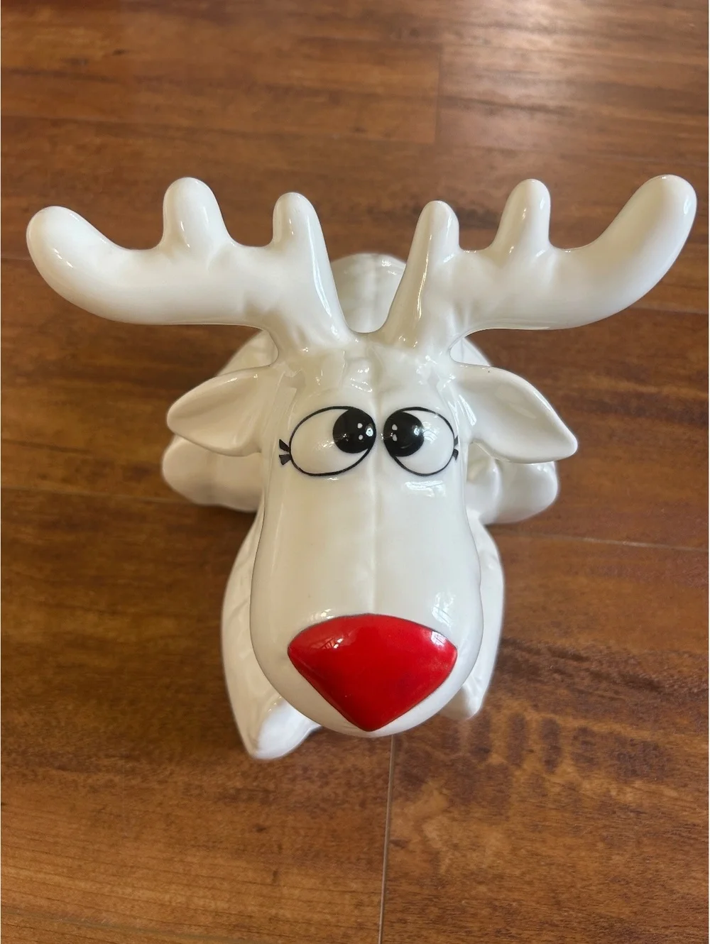 Ceramic White Reindeer Figurine with Red Nose